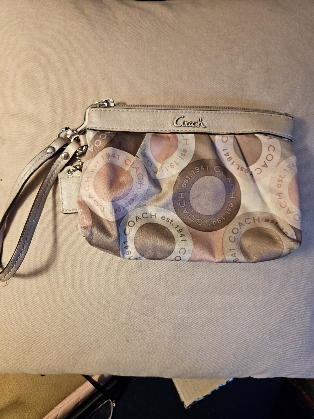 Coach Neutral Multi Circle Print Wristlet with Beige Trim